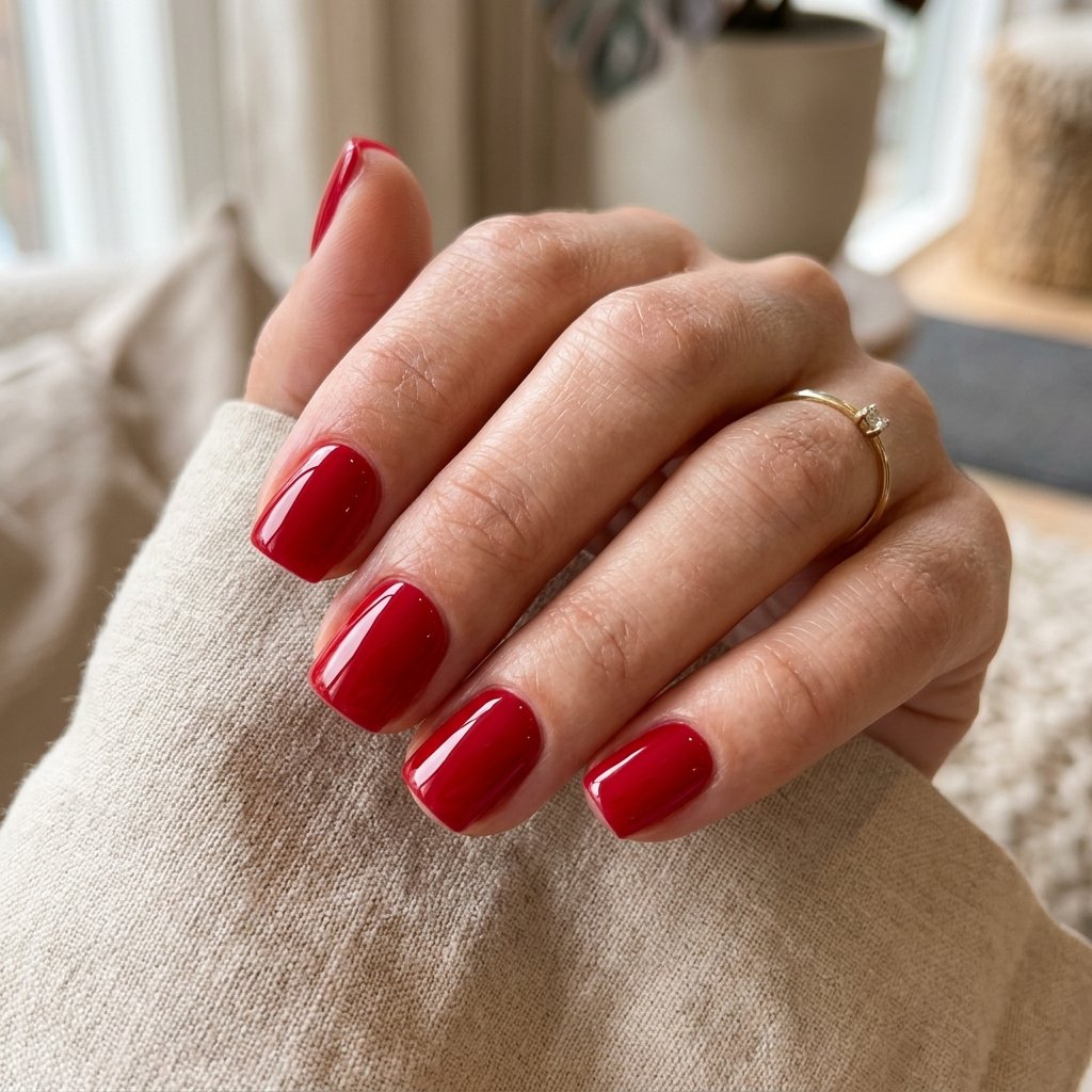 Cherry Red Glossy Short Square Nails
