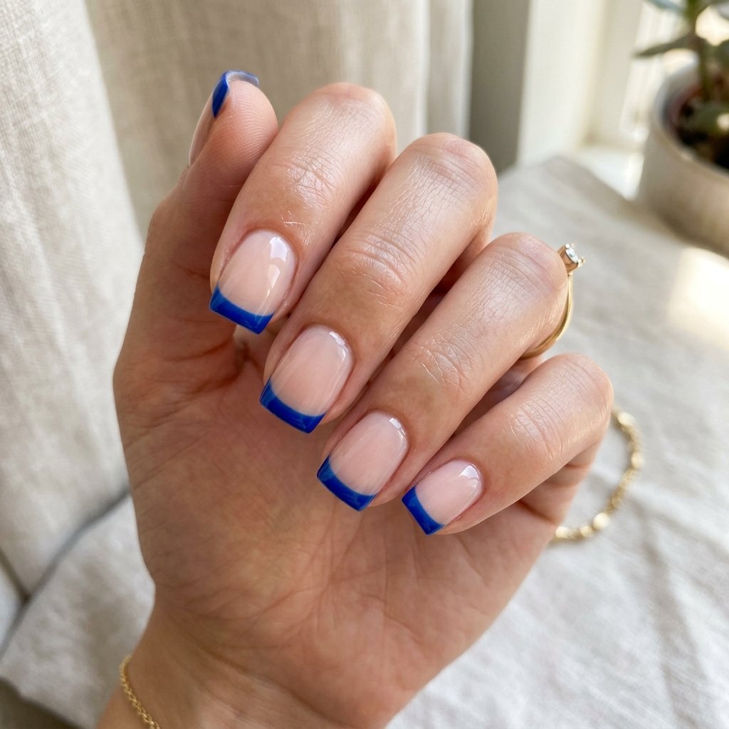 Cobalt Blue French Tips on Short Square Nails