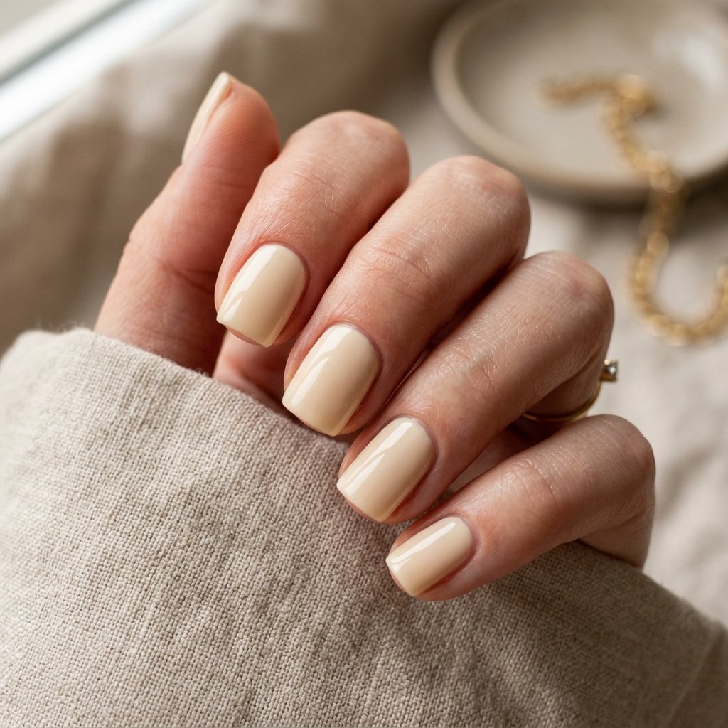 Warm Cream Glossy Short Square Nails