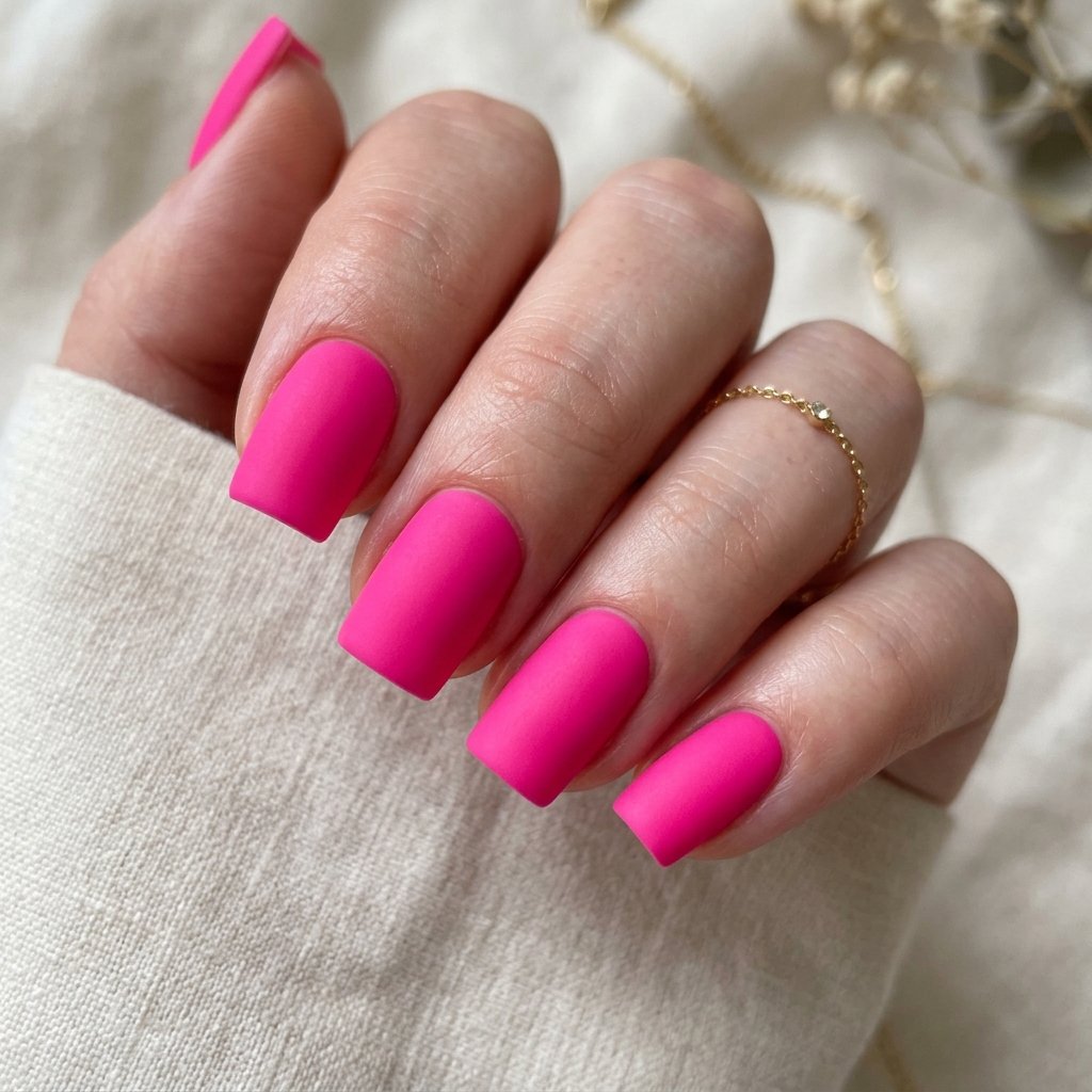 Hot Pink Matte Short Square Nails