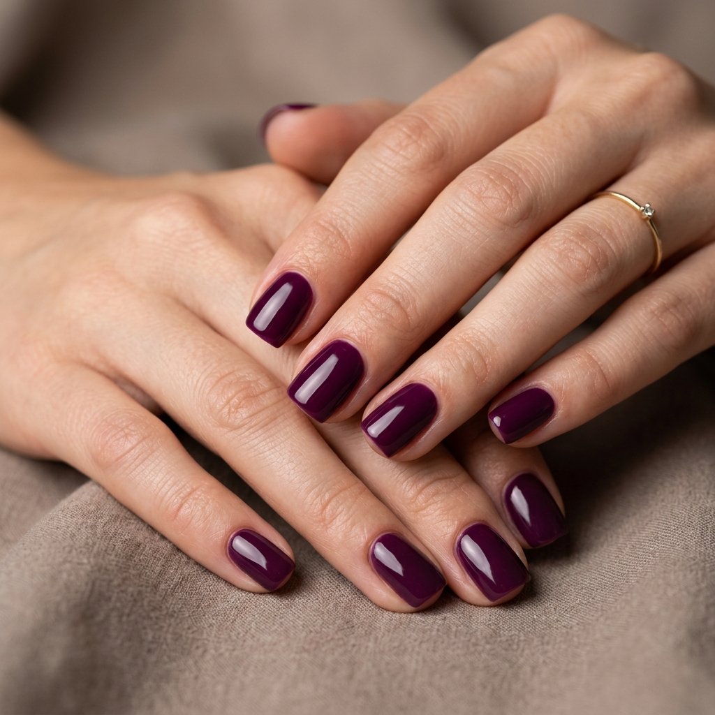 Deep Plum Glossy Short Square Nails