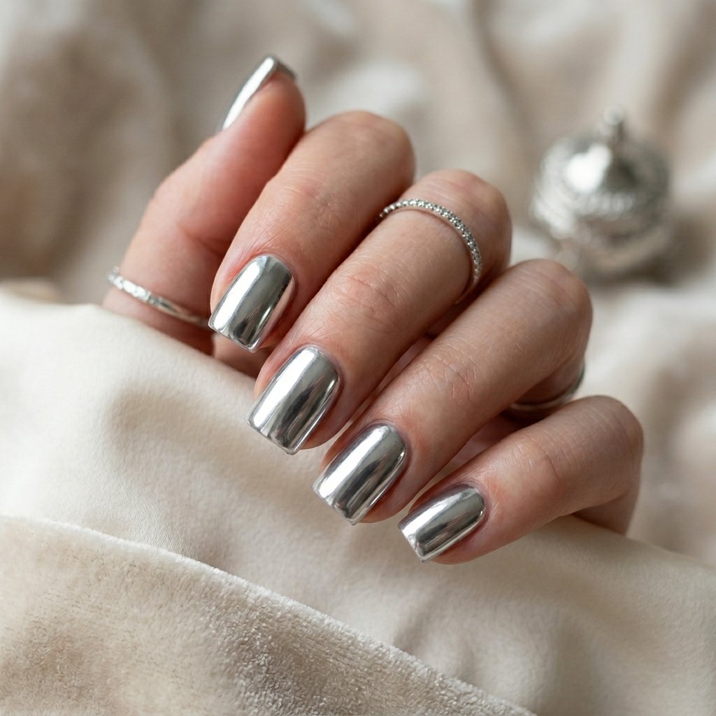 Silver Chrome Short Acrylic Square Nails