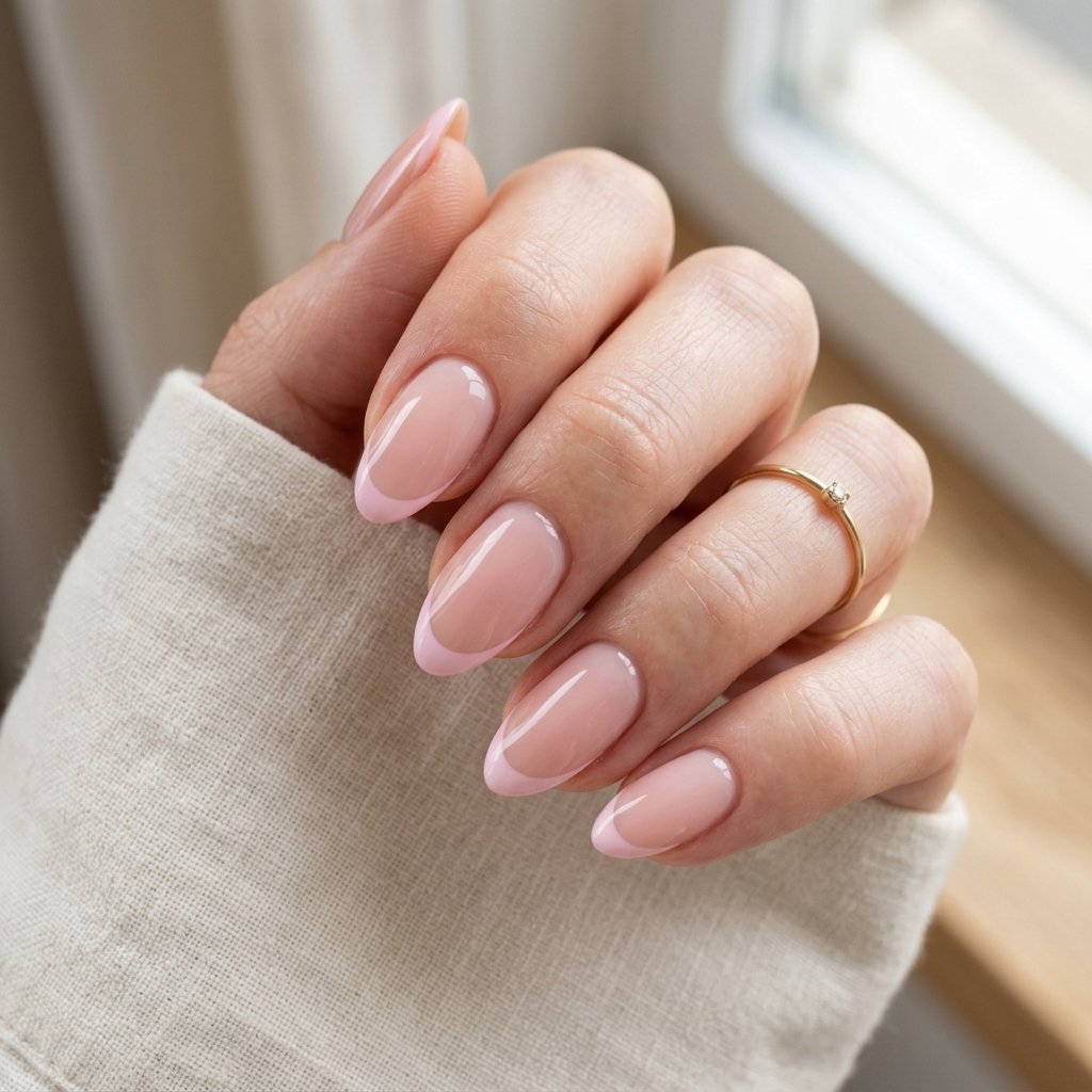 Nude Pink French on Short Almond Nails