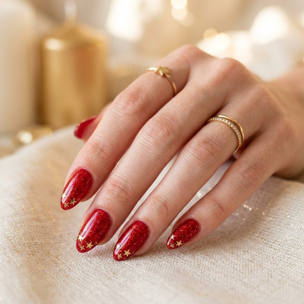 Sparkle Red Nails with Gold Star Tips