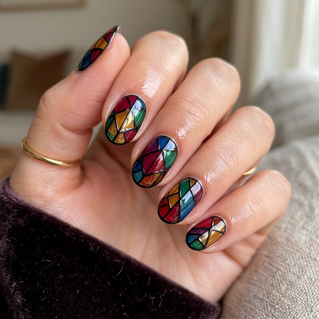 Stained Glass Design on Short Oval Nails