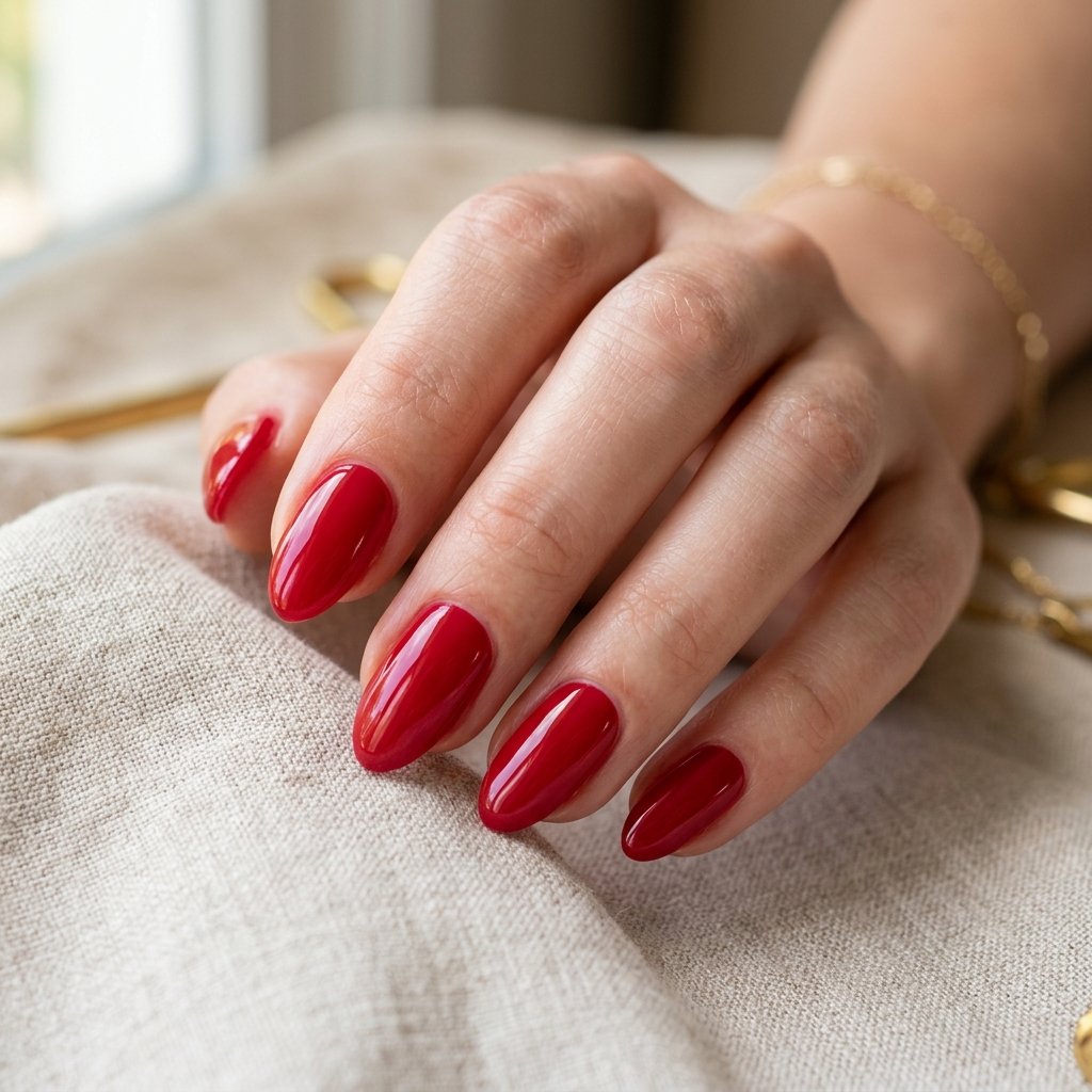 Glazed Strawberry Red Short Almond Nails