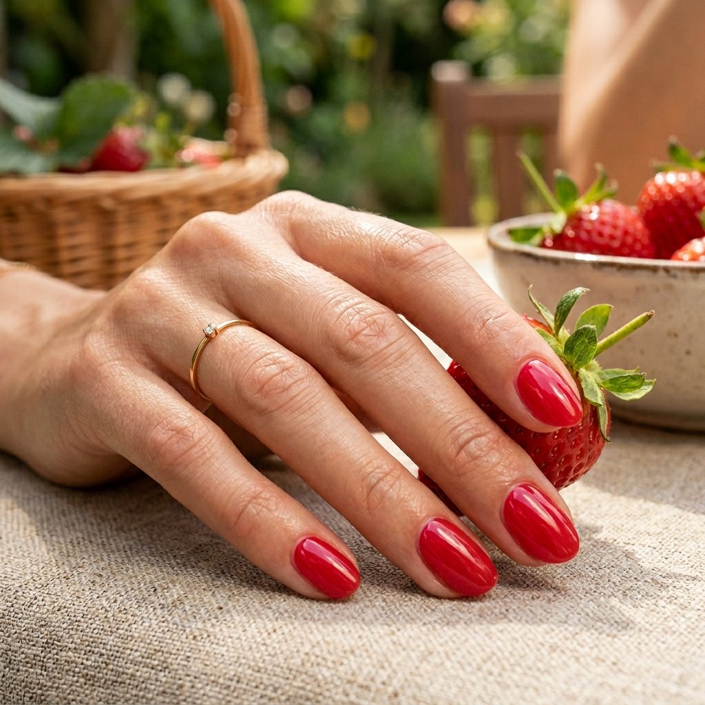 Glazed Strawberry Red Short Almond Nails