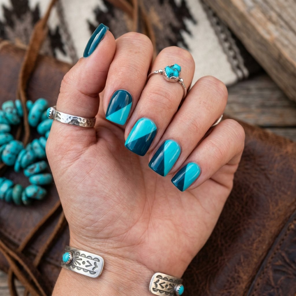 Deep Teal and Turquoise Color Block Nails