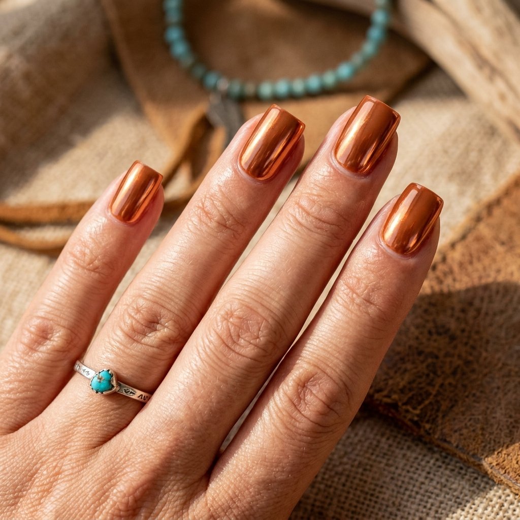 Warm Terracotta Chrome Short Square Nails