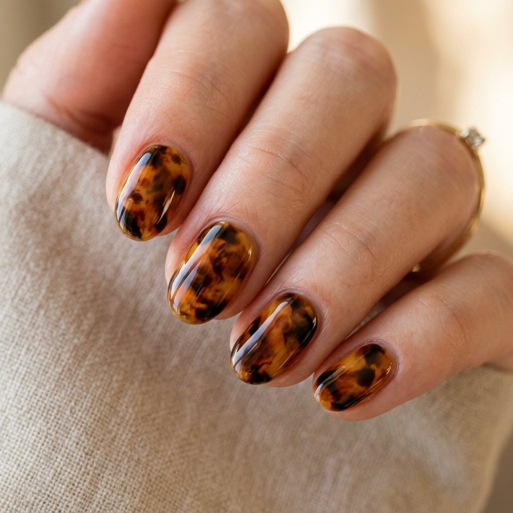 Tortoiseshell Design on Short Oval Nails
