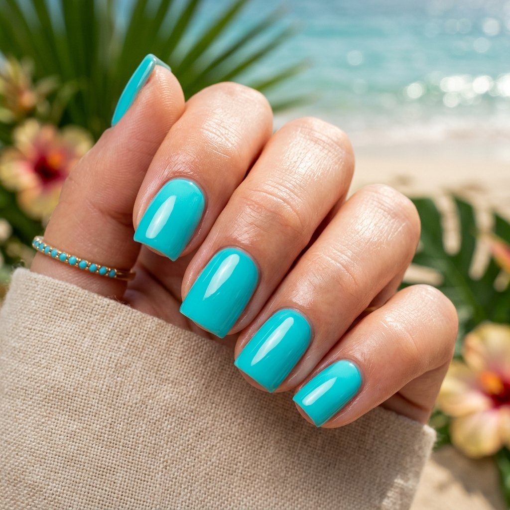 Bright Turquoise Short Acrylic Square Nails