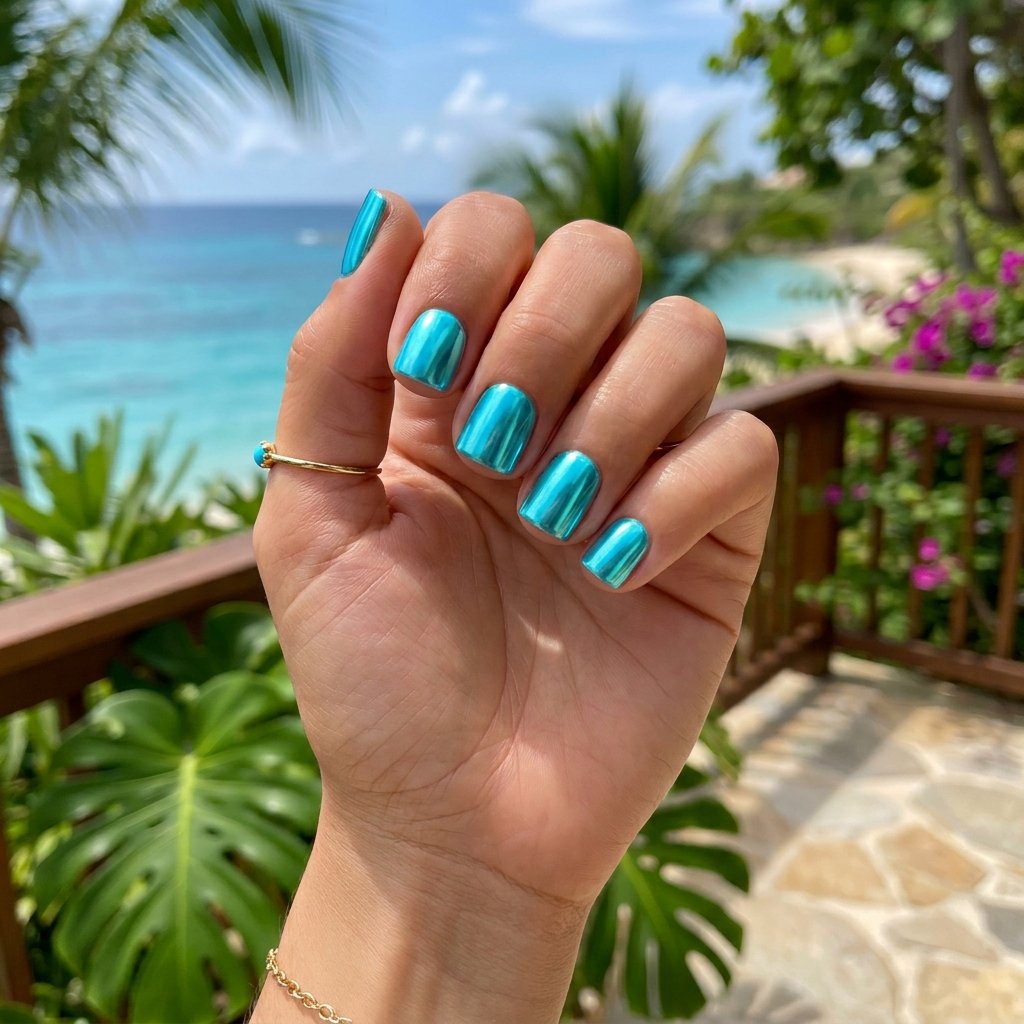 Bright Turquoise Chrome Short Square Nails