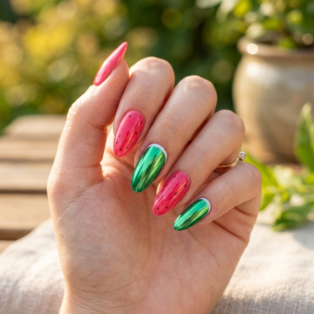 Watermelon Chrome Accent Nails
