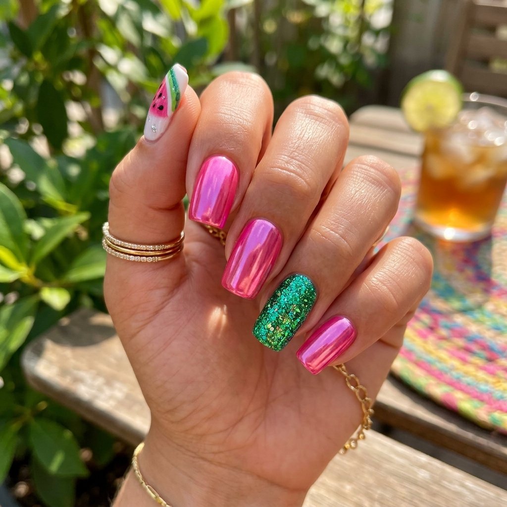 Watermelon Chrome and Glitter Maximalist Nails