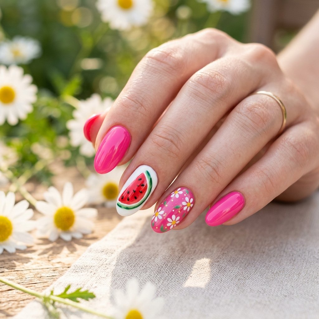 Watermelon and Daisy Mixed Accent Nails