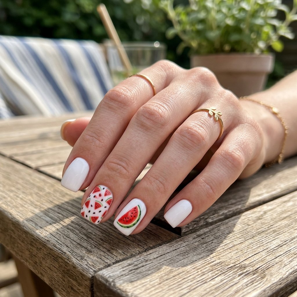 Watermelon Nail Sticker Set on Short Square Nails