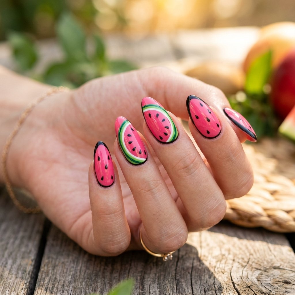 Watermelon Nails with Black Outline