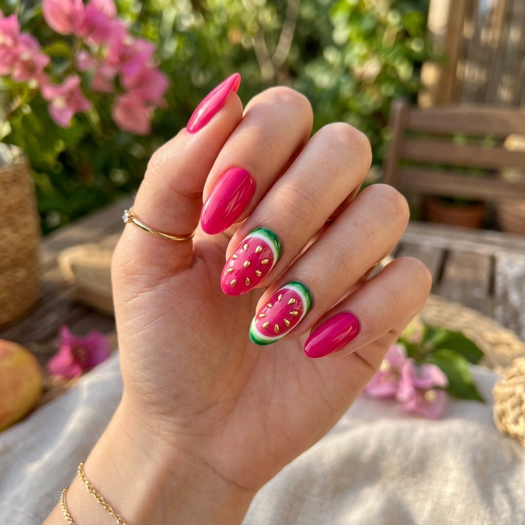Watermelon Nails with Gold Seed Details
