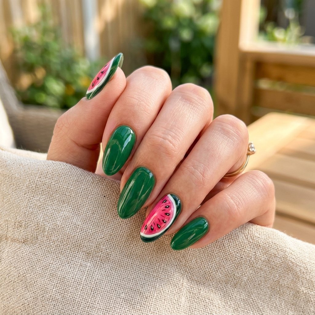Watermelon Nails on Dark Green Base