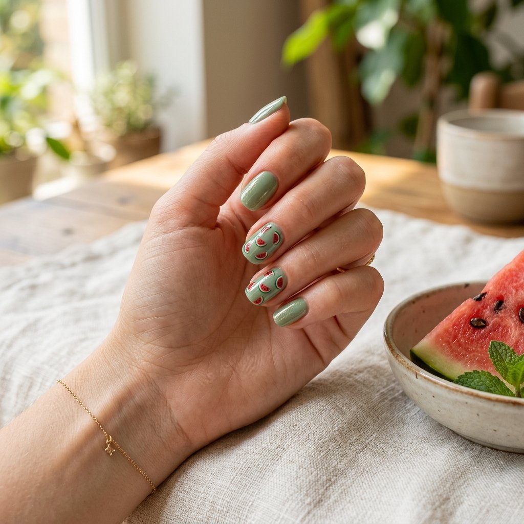 Tiny Watermelon Pattern on Sage Green Base