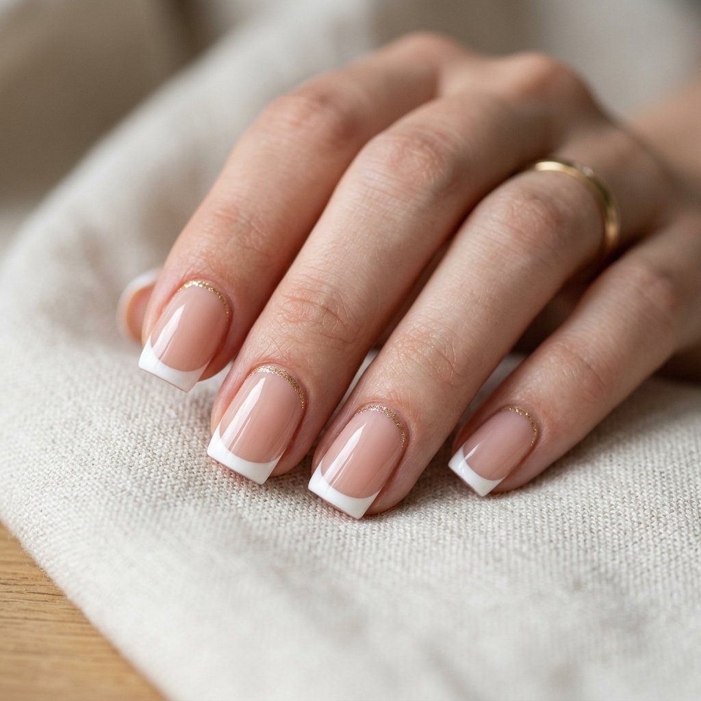 White French on Short Square Nails with Gold Cuticle Line