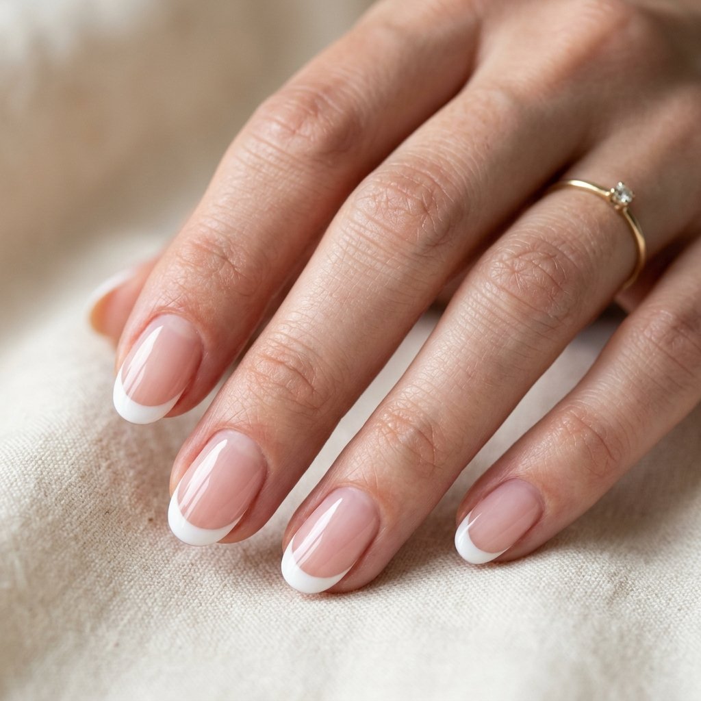 Classic White French Short Oval Nails