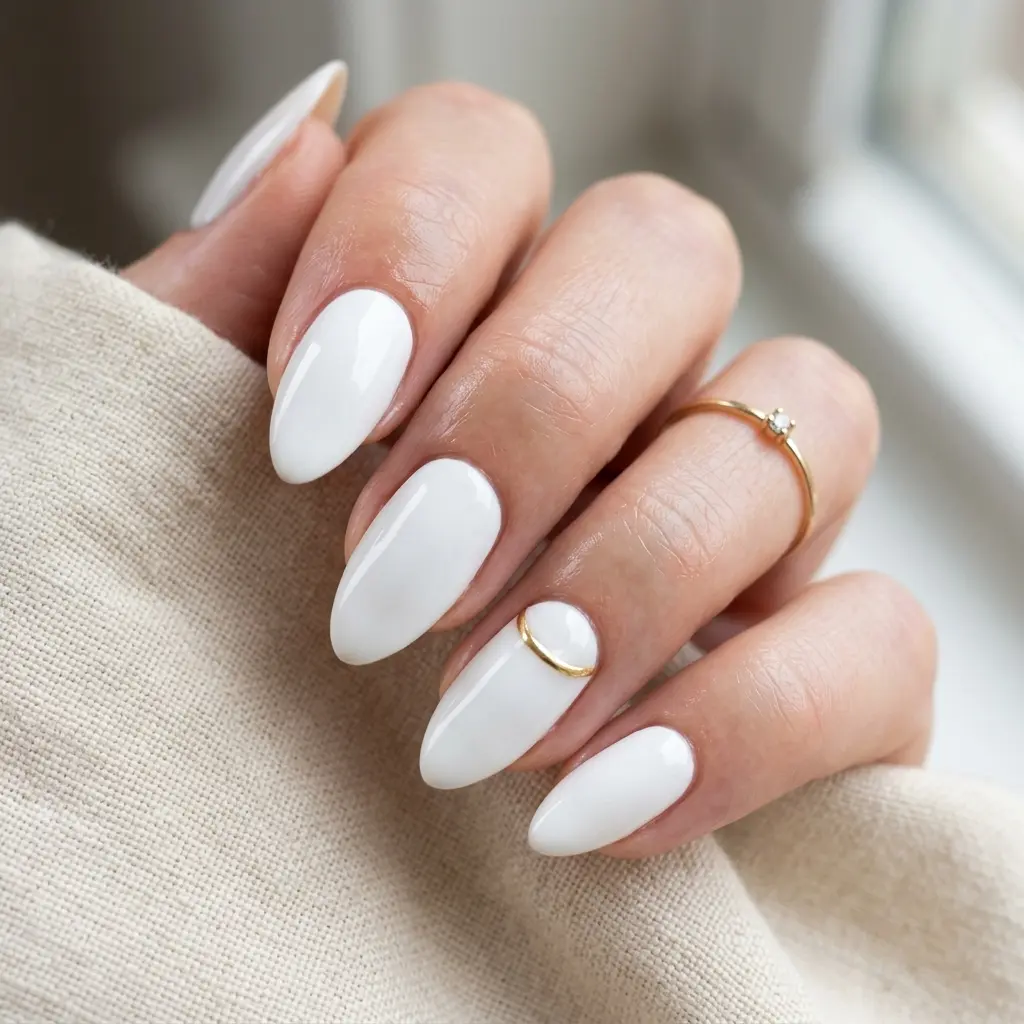 Gold Ring on White Glossy Almond Nails