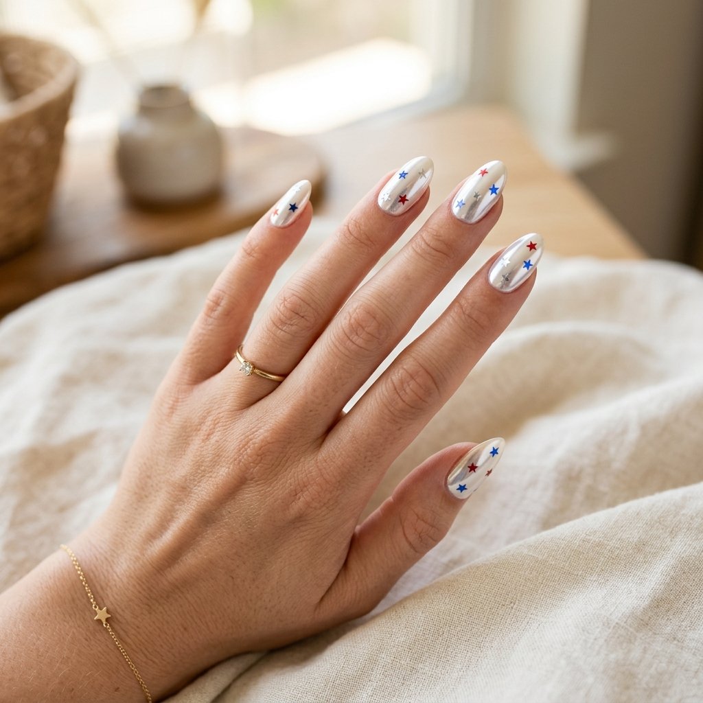 White Chrome Nails with Scattered Stars