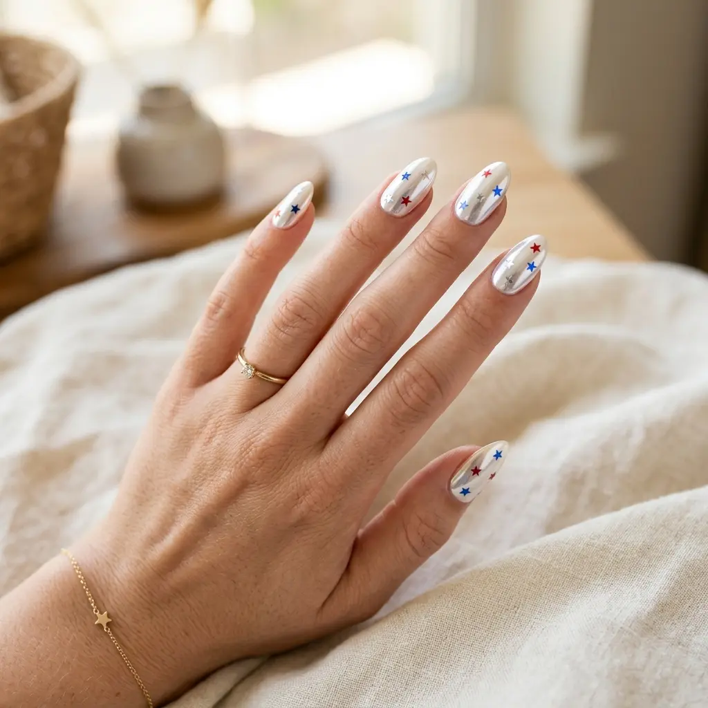 White Chrome Nails with Scattered Stars