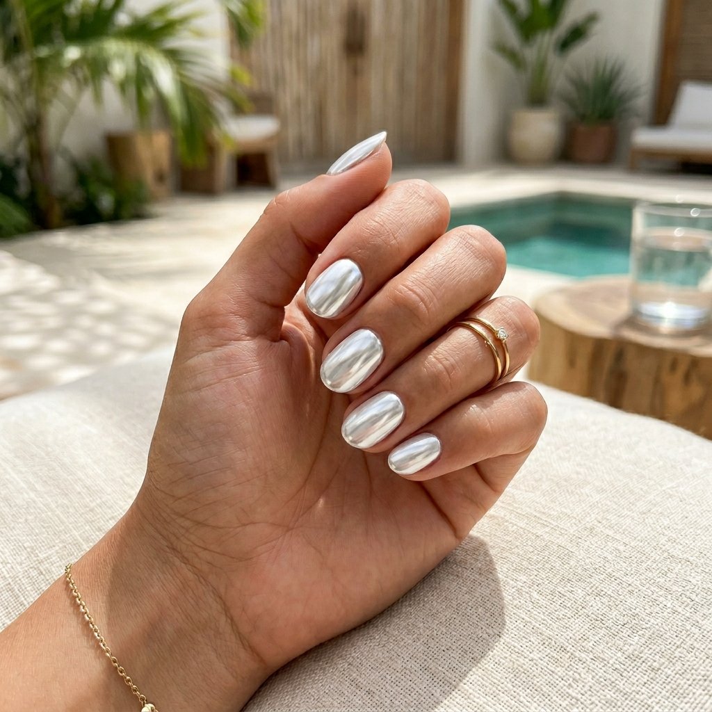 White Chrome Short Oval Nails