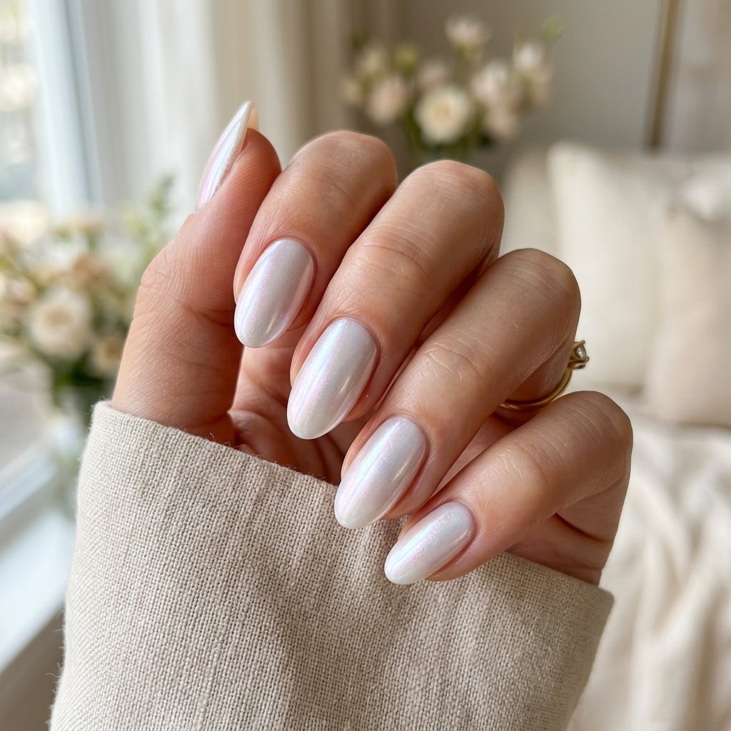 Iridescent White Glazed Oval Nails