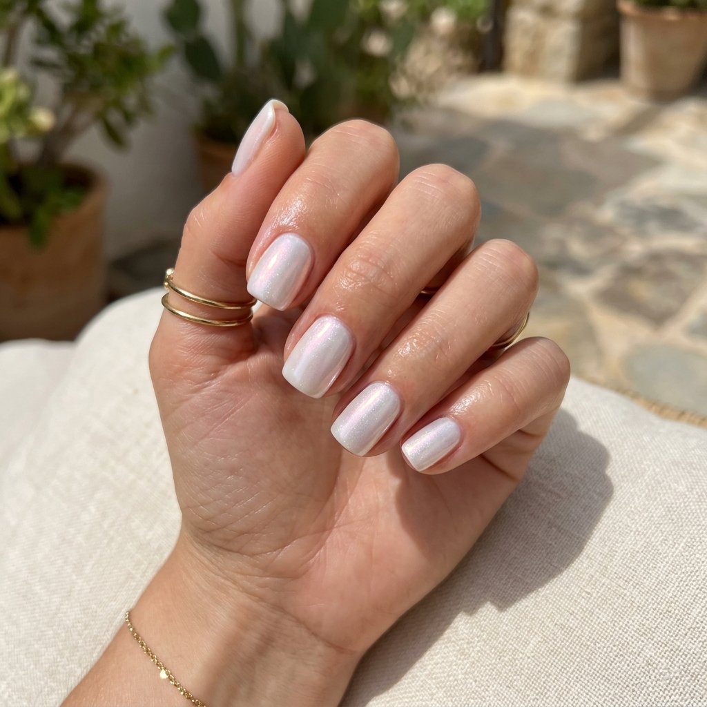Iridescent White Glazed Short Nails