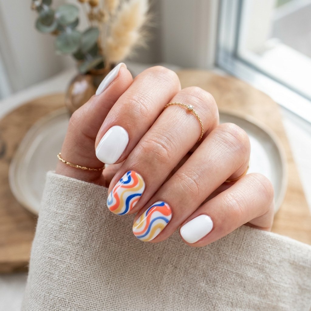 Colorful Swirl Design on White Short Nails
