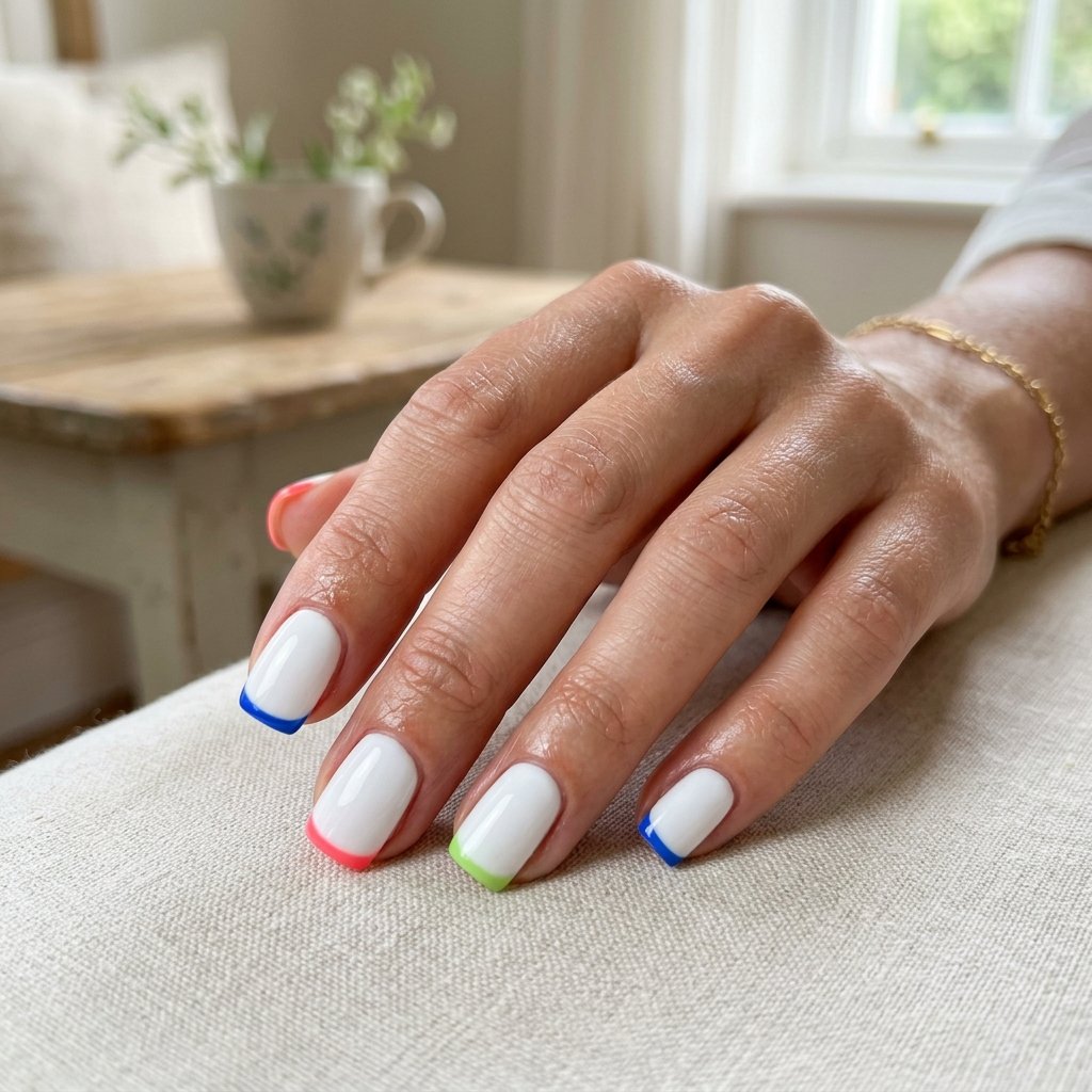 Bright White Short Square Nails with Colorful Tip Line