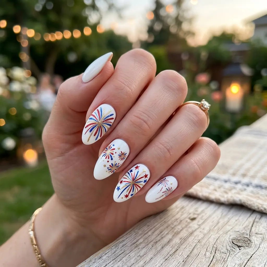 White Nails with Red and Blue Firework Detail