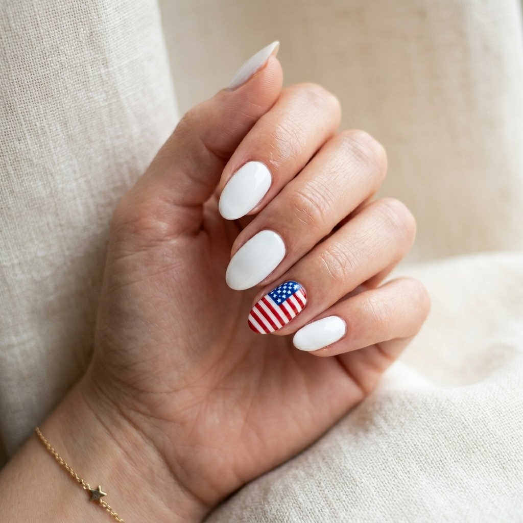 White Nails with Hand-Painted American Flag