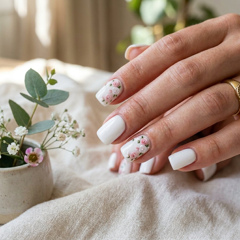 White Short Acrylic Nails with Tiny Florals