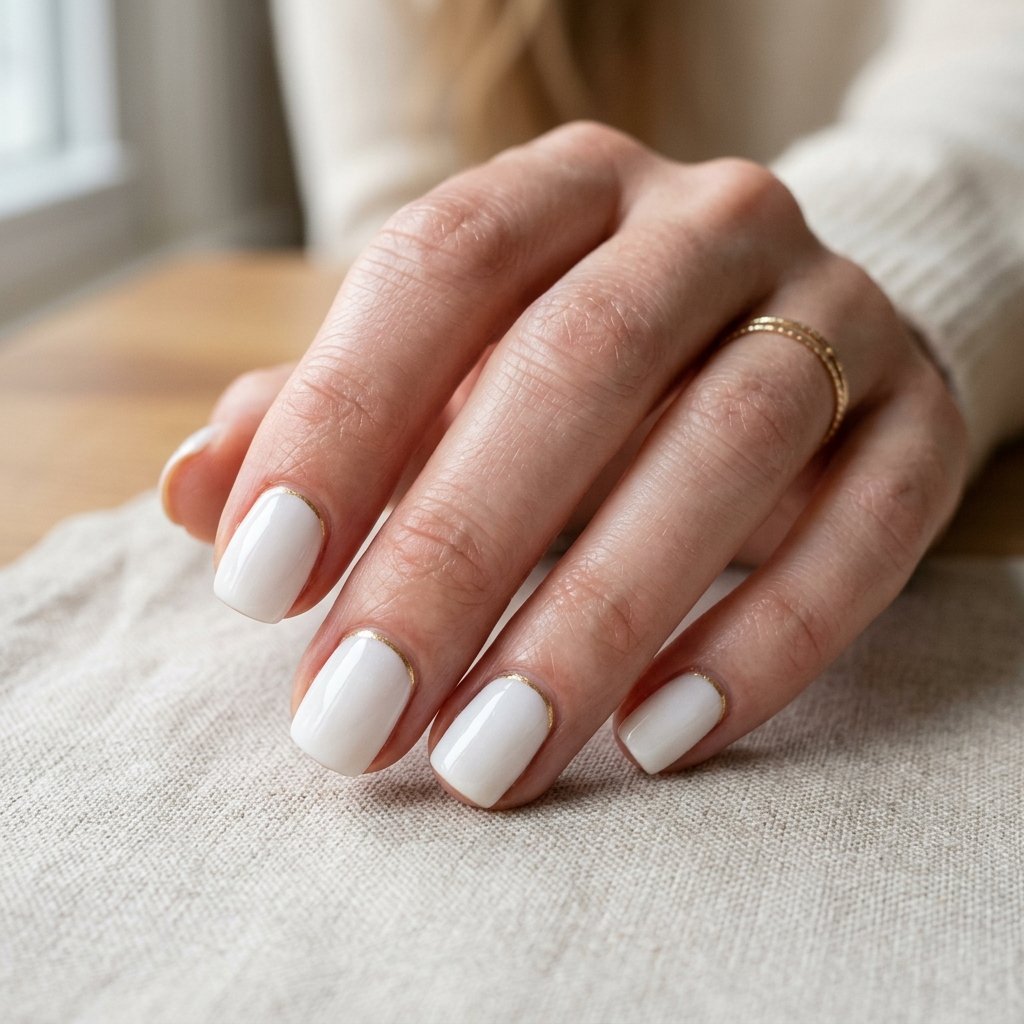 White Short Nails with a Thin Gold Cuticle Line