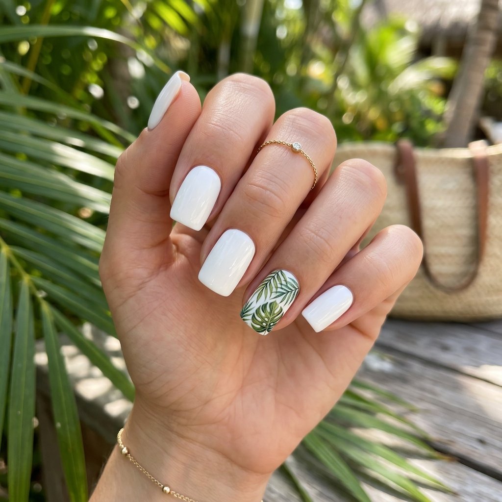 White Nails with Tropical Leaf Accent