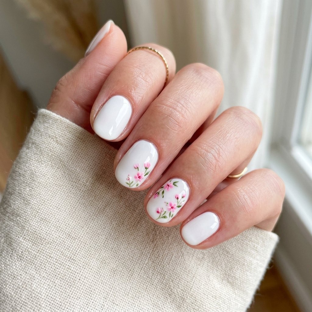 White Short Oval Nails with Tiny Pink Florals
