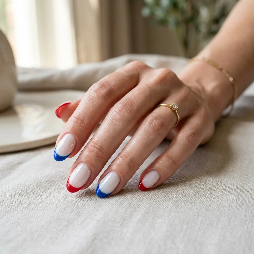 White Glazed Nails with Red and Blue Tips