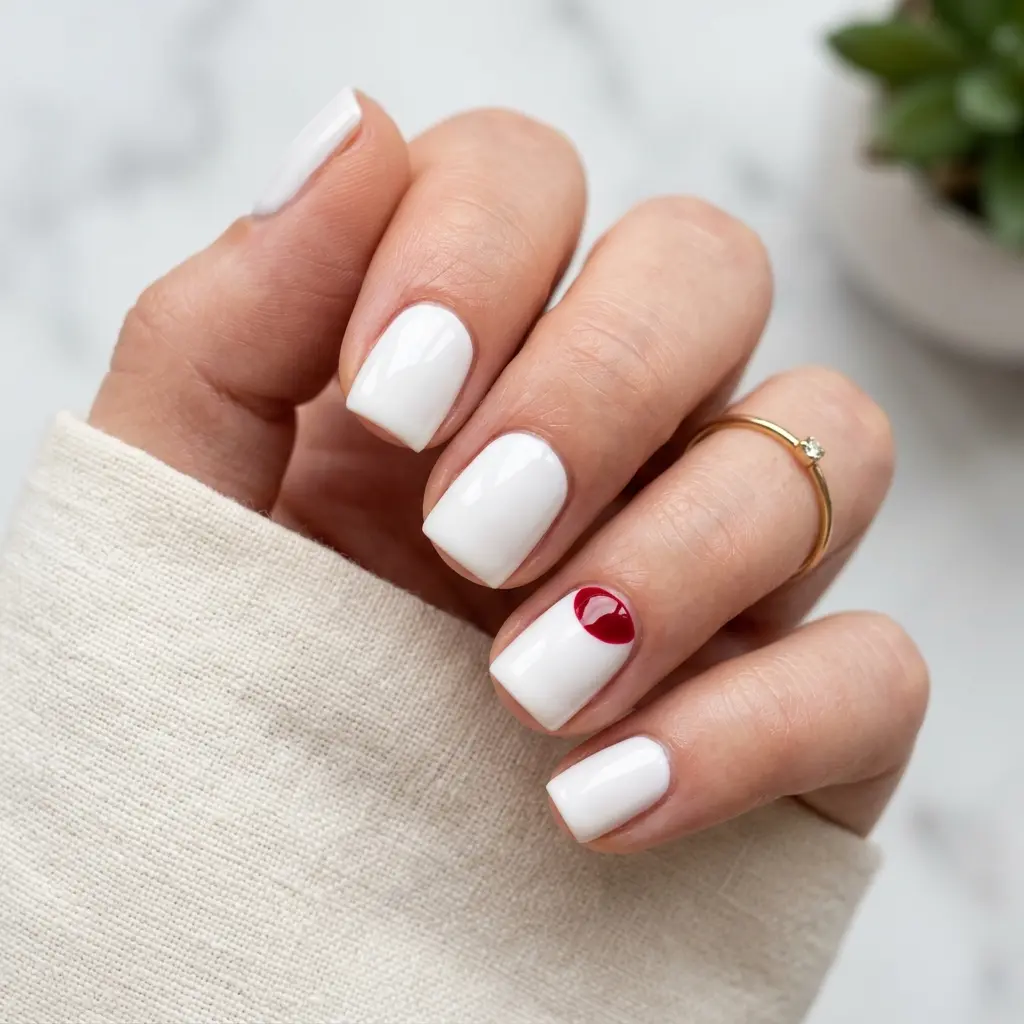 Bold Red Enamel Ring on Clean White Short Square Nails