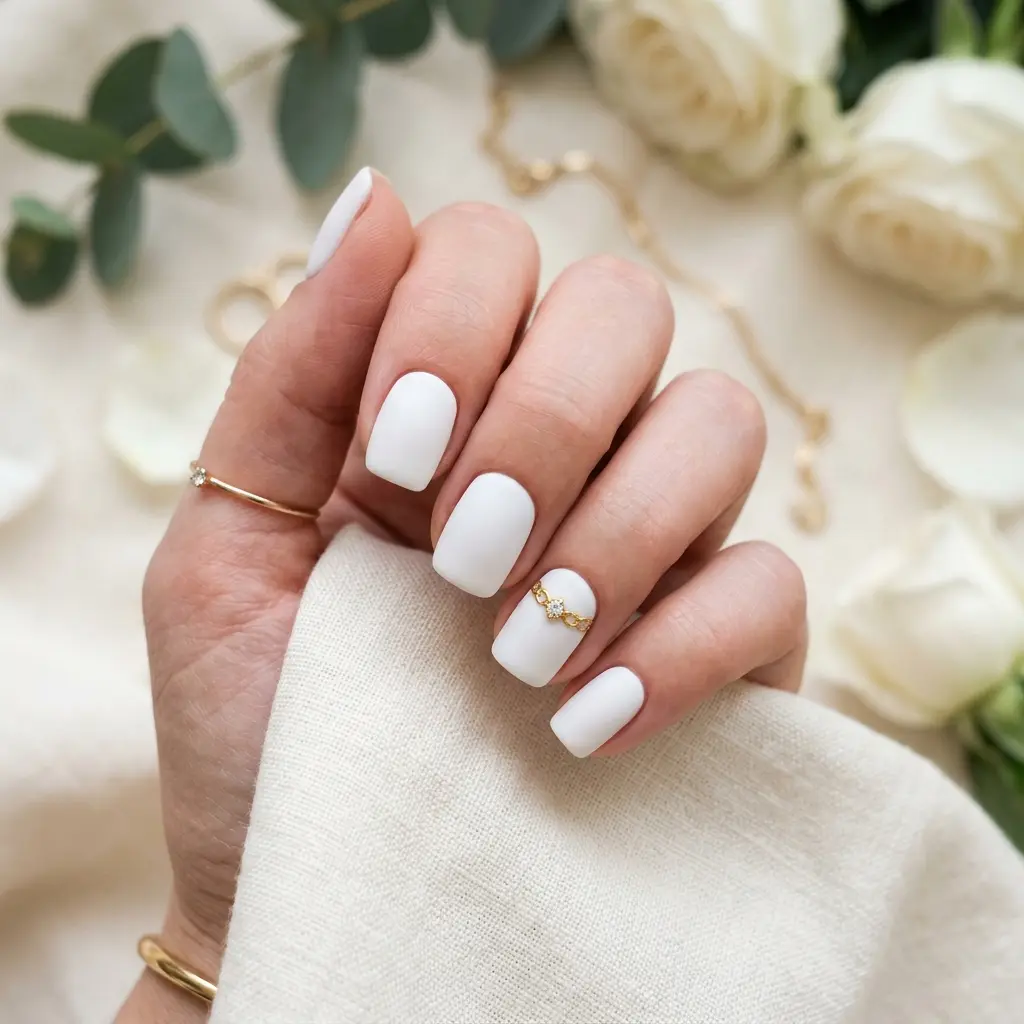 Diamond Ring Design on White Matte Short Nails
