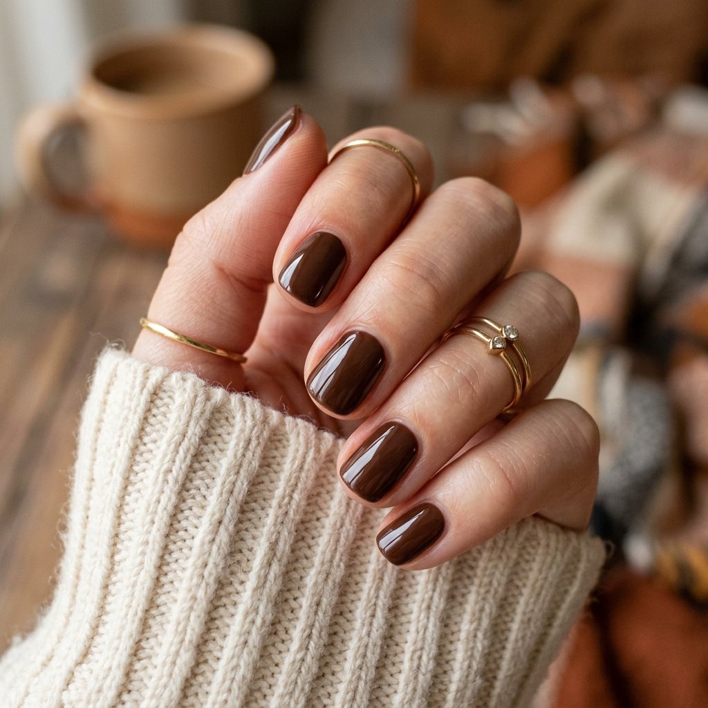 Glossy Chocolate Brown Short Nails