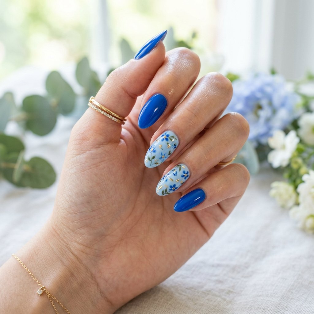 19 Blue Summer Nails Ideas to Refresh Your Seasonal Manicure 16 Blue Floral Accent Mix