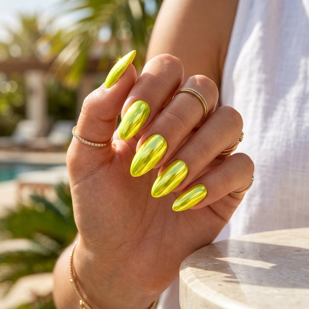 Neon Yellow Chrome Almond Nails