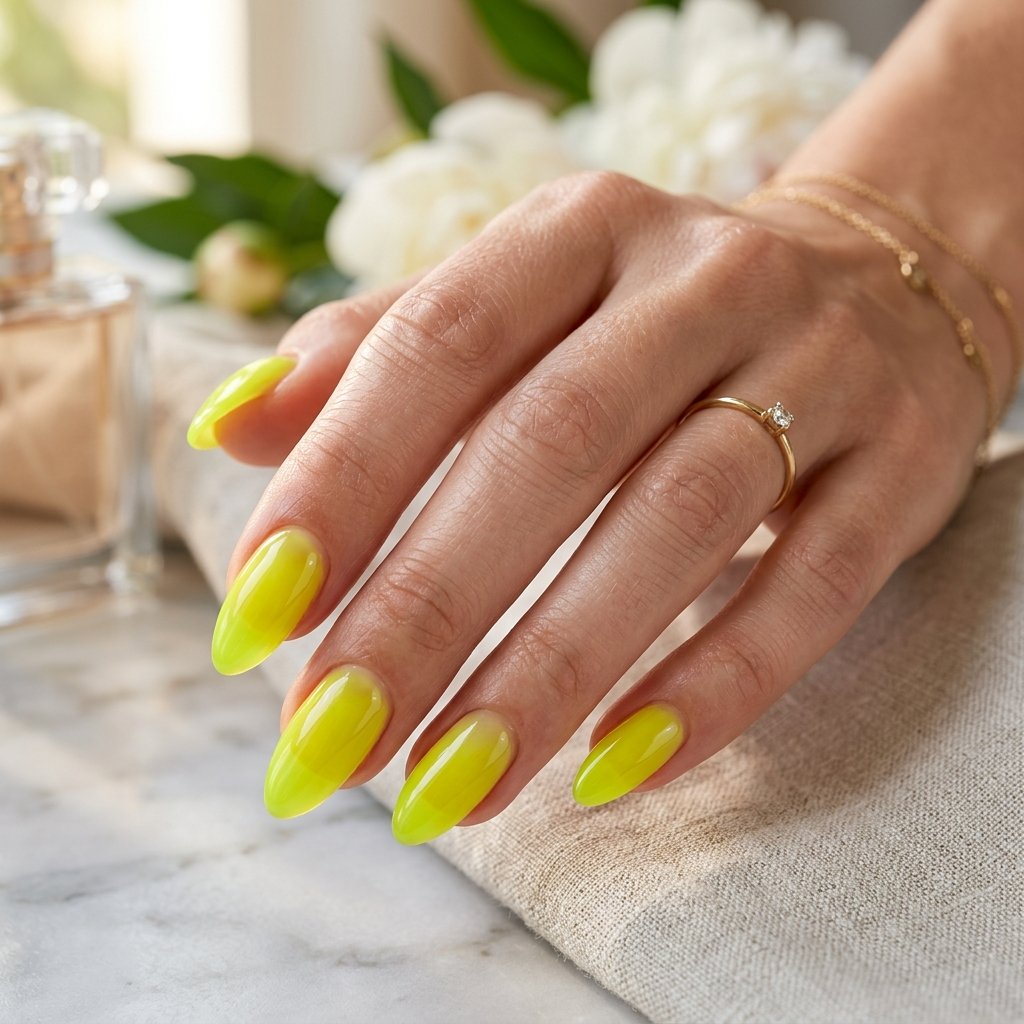 Neon Yellow Glazed Almond Nails