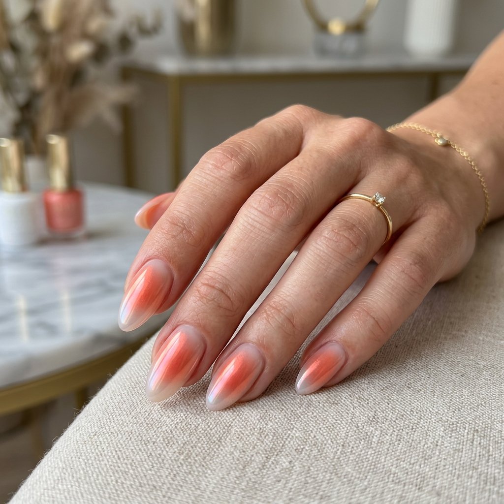 Deep Coral Chrome Aura on Sheer Base