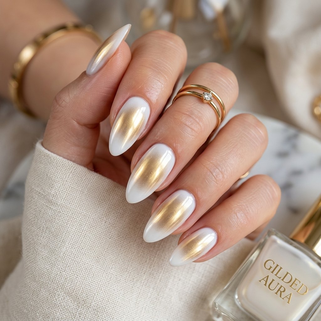 Gold Chrome Aura on White Glossy Nails