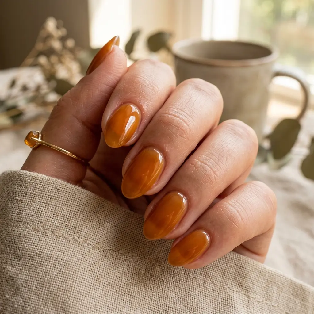 Neutral Amber Glaze Short Almond Nails